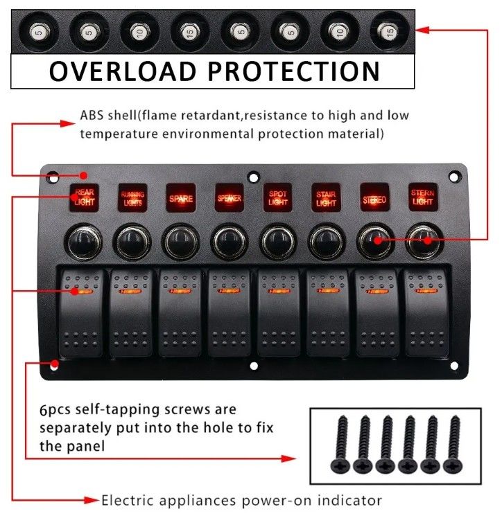Aan- en af Aluminium Rocker Switch Panel Waterdicht 8 Gang 3 Pin Circuit Breaker Overload Protection