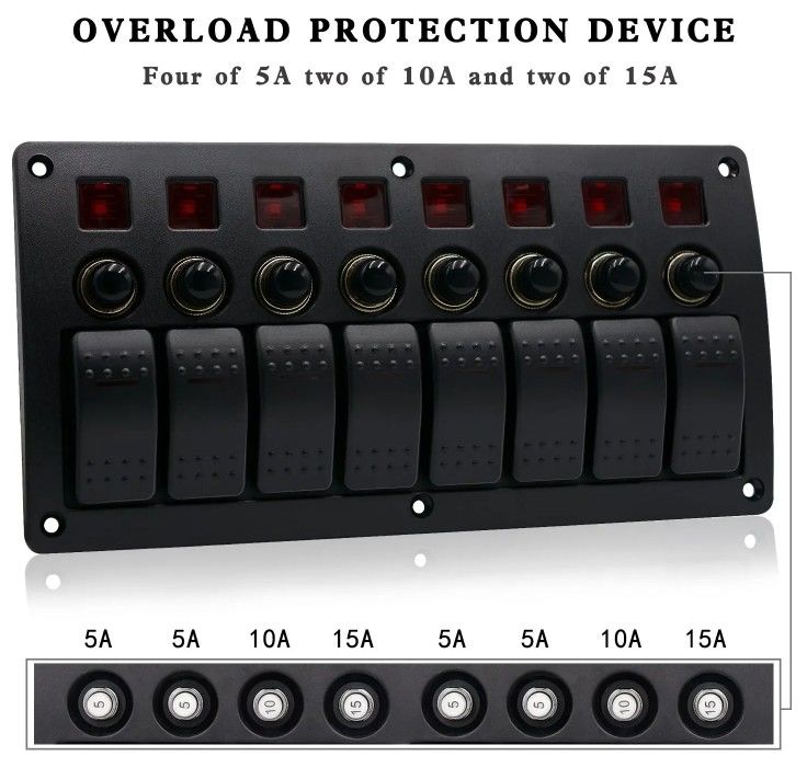 Aan- en af Aluminium Rocker Switch Panel Waterdicht 8 Gang 3 Pin Circuit Breaker Overload Protection