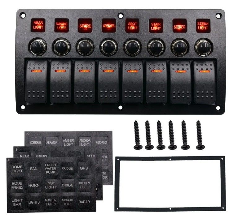 Aan- en af Aluminium Rocker Switch Panel Waterdicht 8 Gang 3 Pin Circuit Breaker Overload Protection