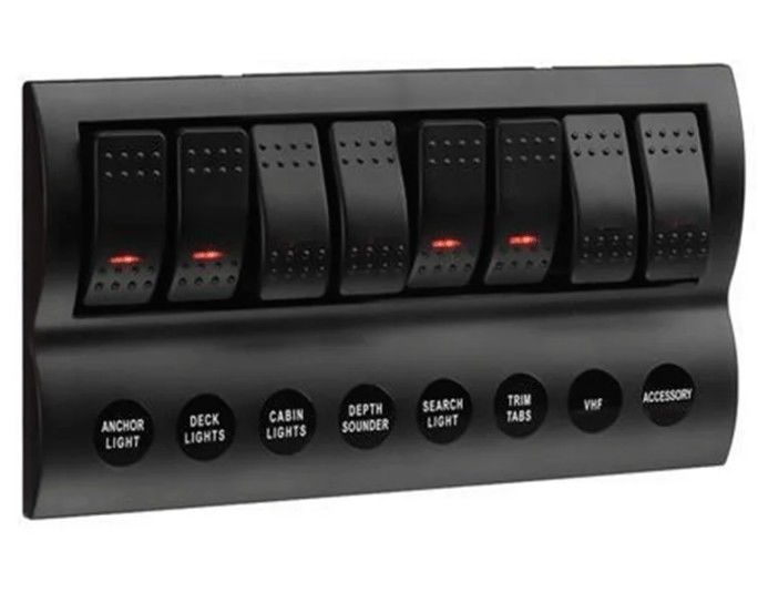 SCHLOSSBESCHRIKKING SCHUIFT PANEL 8 GANG met LED indicator ROCKER AUTO FUSES