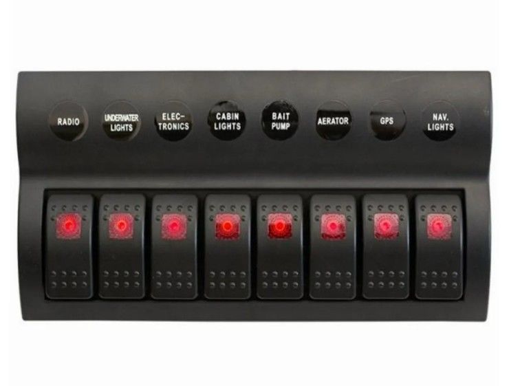 SCHLOSSBESCHRIKKING SCHUIFT PANEL 8 GANG met LED indicator ROCKER AUTO FUSES