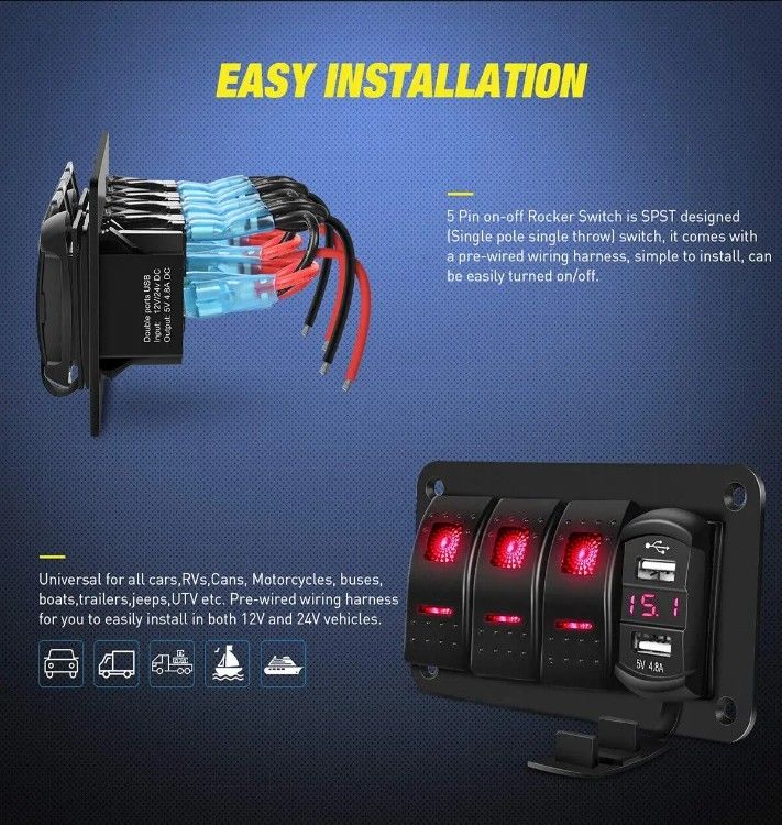 DC12V 24V 3 Gang Rood LED Light Rocker Schakelaar Panel Box Met Dual 4.8A USB Charger Voltmeter Voor Auto Marine Trucks boten