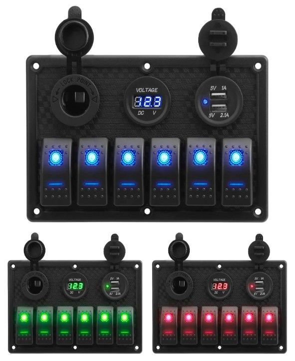 Waterdicht schakelpaneel 6 gang met dubbele USB-aansluiting 3.1A volt meter blauw LED-licht
