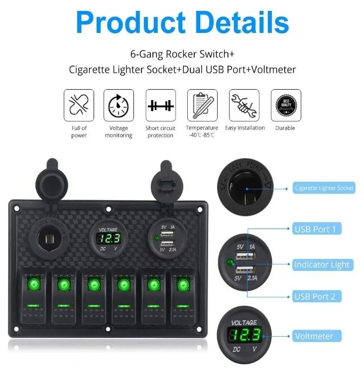 Waterdicht schakelpaneel 6 gang met dubbele USB-aansluiting 3.1A volt meter blauw LED-licht