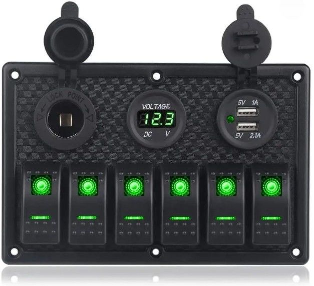 Waterdicht schakelpaneel 6 gang met dubbele USB-aansluiting 3.1A volt meter blauw LED-licht