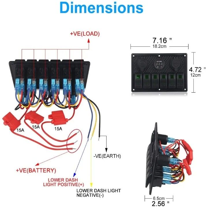 Waterdicht schakelpaneel 6 gang met dubbele USB-aansluiting 3.1A volt meter blauw LED-licht