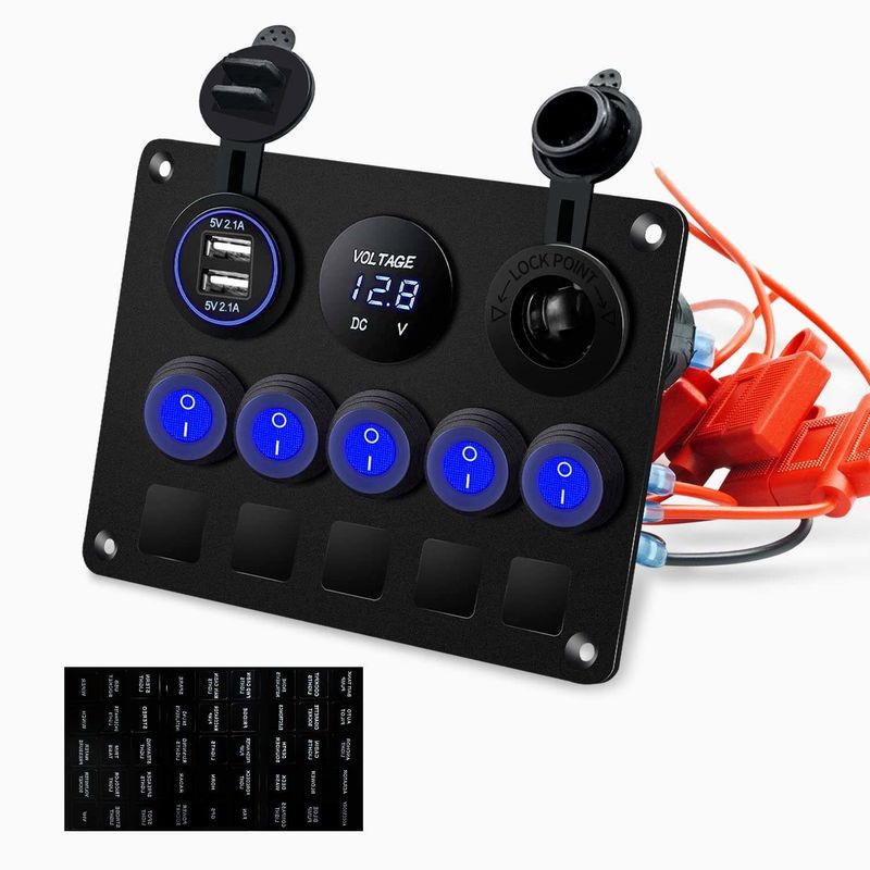 5 Gang Waterdicht Rocker Schakelaar Panel Met Dual USB Slot Socket Met Blauwe LED Lights