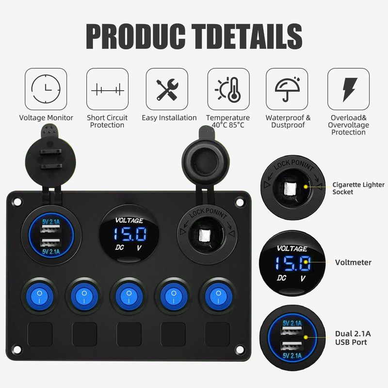 5 Gang Waterdicht Rocker Schakelaar Panel Met Dual USB Slot Socket Met Blauwe LED Lights
