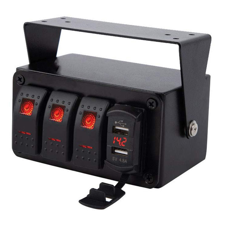 DC12V 24V 3 Gang Rood LED Light Rocker Schakelaar Panel Box Met Dual 4.8A USB Charger