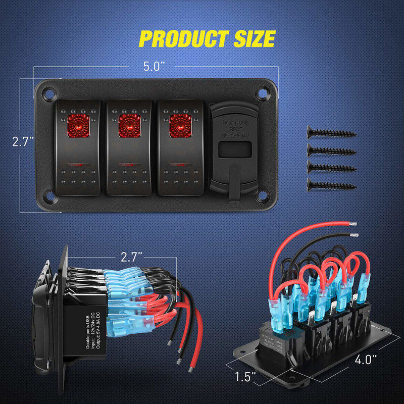 DC12V 24V 3 Gang Rood LED Light Rocker Schakelaar Panel Box Met Dual 4.8A USB Charger